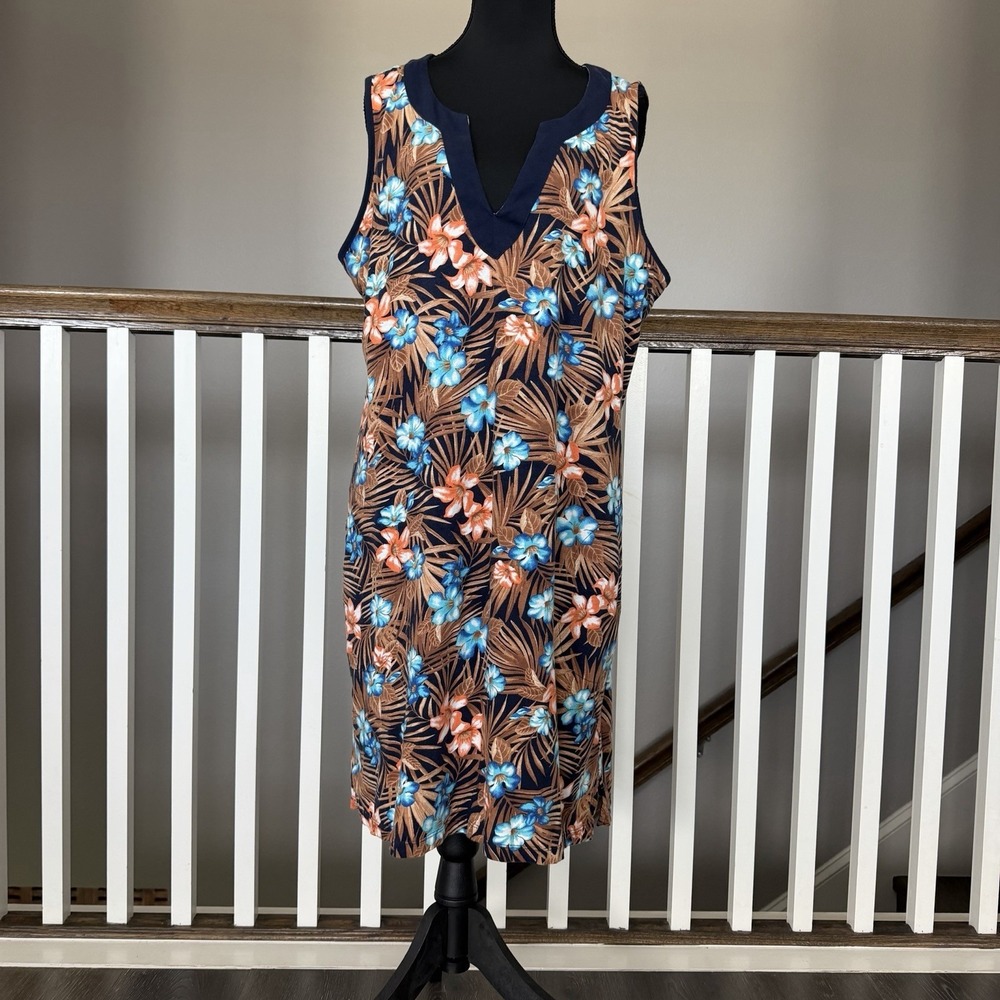 Lands End Floral Palm‎ Boho Hawaiian Tropical Pockets Navy Shift Dress L Resort